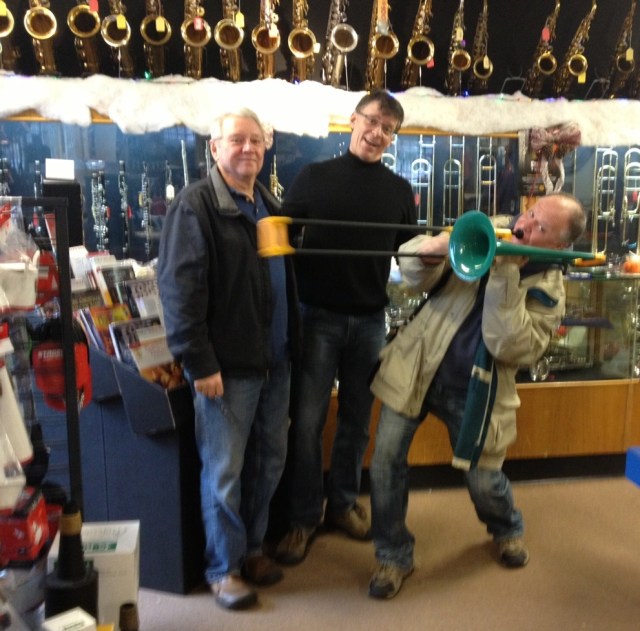 Rich Cooper, Randy and Steve, clowning around at Wally's Music, Portland